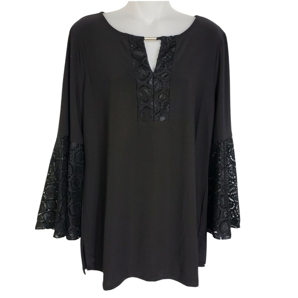 JM Collection Women's Blouse Size Small Black Lace Trim Bell 3/4 Sleeve Stretch